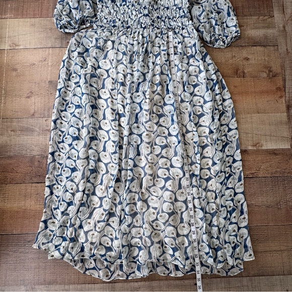 REBECCA TAYLOR Deco Fleur Silk Midi Dress Ruched High Neck Smock Waist Blue Sz 4 - Picture 7 of 14